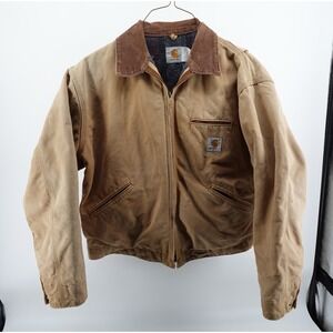 Carhartt Detroit Jacket Tan Duck Canvas Blanket Lined Corduroy Collar Thrashed